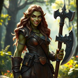A nice female orc warrior, exuding a friendly and approachable demeanor