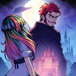 A captivating manga-style illustration featuring a girl named Raimbelle with hair consisting of the seven colors of the rainbow and sapphire blue eyes