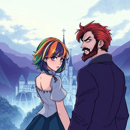 A captivating manga-style illustration featuring a girl named Raimbelle with hair consisting of the seven colors of the rainbow and sapphire blue eyes