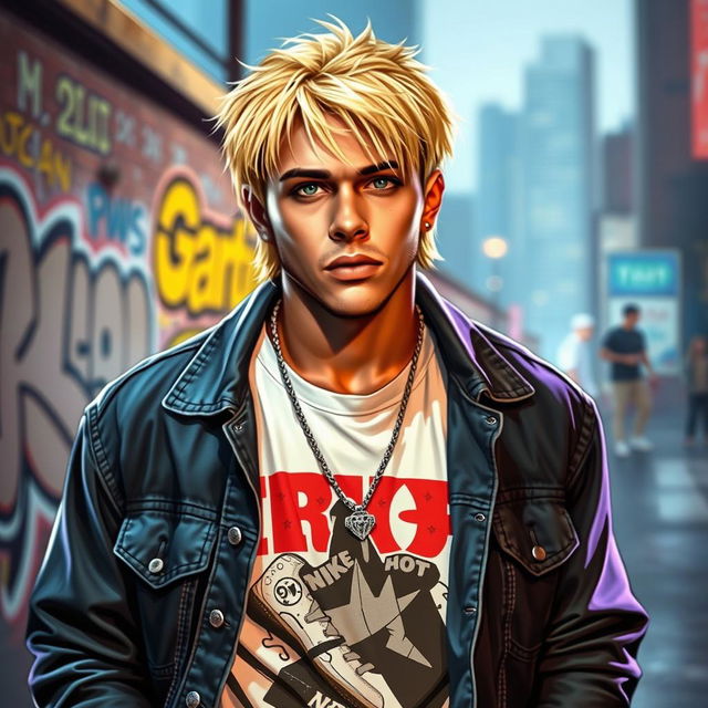 A realistic depiction of a 25-year-old male rap singer with blonde hair, showcasing a cool and confident expression