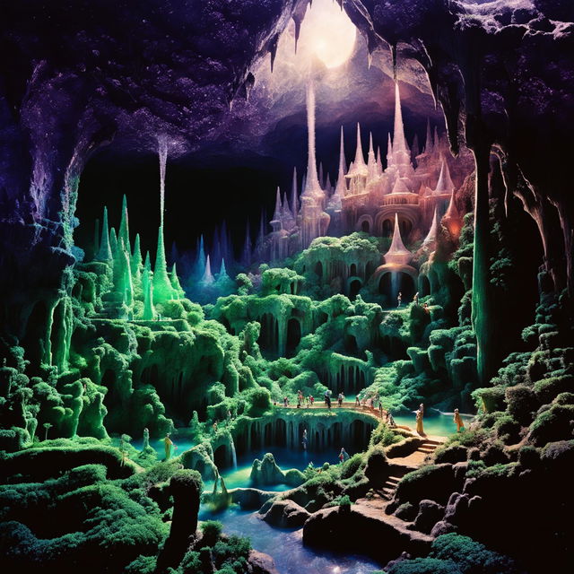 An award-winning, ultra-high-definition photograph of Agartha, the legendary subterranean kingdom within Earth's inner surface. The image captures the kingdom's crystal sun, stalagmite buildings, lush greenery, cascading waterfalls, and inhabitants in vibrant garments.