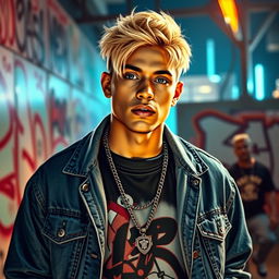 A realistic depiction of a 25-year-old male rap singer with blonde hair, showcasing a cool and confident expression