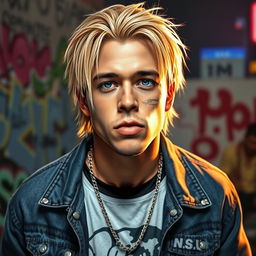 A realistic depiction of a 25-year-old male rap singer with blonde hair, showcasing a cool and confident expression