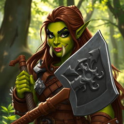 A nice female orc warrior with a friendly demeanor, showcasing her unique character