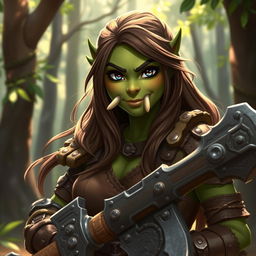 A nice female orc warrior with a friendly demeanor, showcasing her unique character
