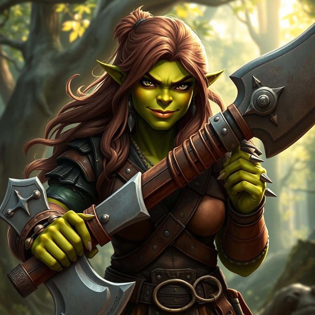 A nice female orc warrior with a friendly demeanor, showcasing her unique character