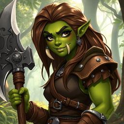 A nice female orc warrior with a friendly demeanor, showcasing her unique character