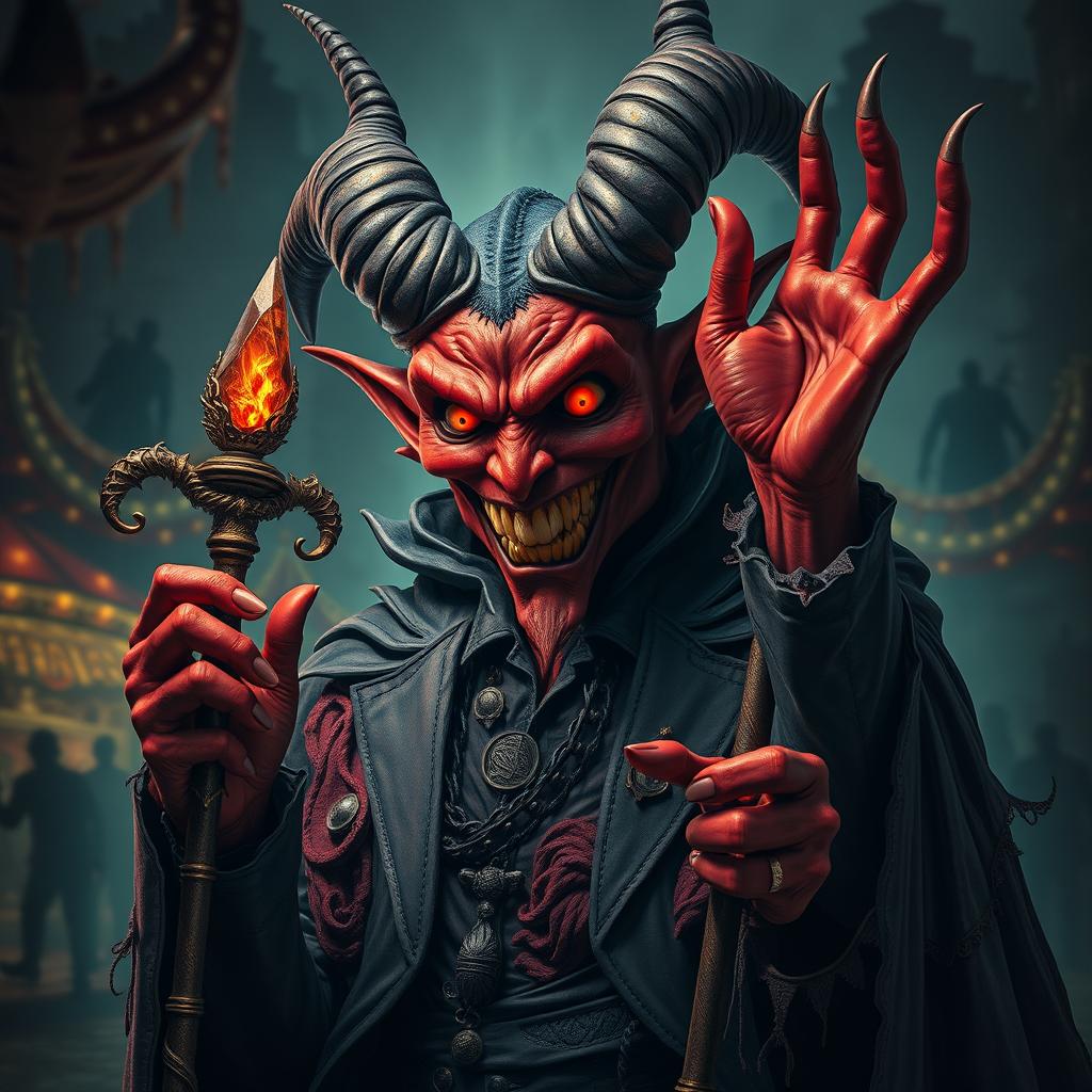 An intense and captivating portrayal of an evil carnival boss depicted as a demon, featuring twisted horns and a menacing grin that showcases sharp fangs