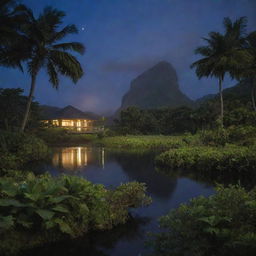 Depict a serene image of Isla Nublar after a storm, the lush landscape glistening under the slowly emerging moonlight, with fine mist rising from the vegetation and brightly lit Visitor Center visible in the distance.