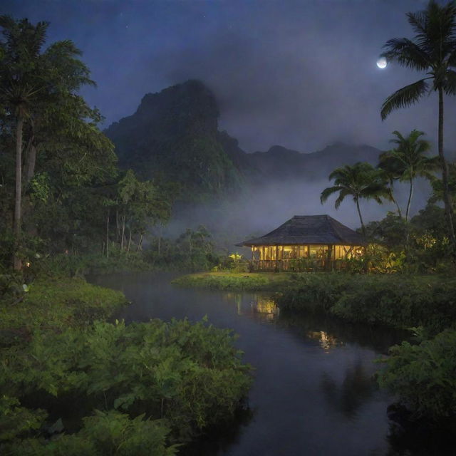 Depict a serene image of Isla Nublar after a storm, the lush landscape glistening under the slowly emerging moonlight, with fine mist rising from the vegetation and brightly lit Visitor Center visible in the distance.