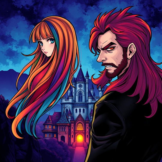 A striking manga-style illustration featuring a girl named Raimbelle with long hair consisting of the seven colors of the rainbow and sapphire blue eyes