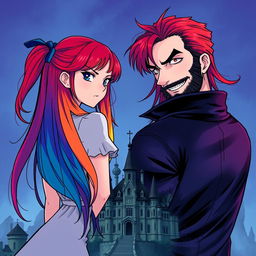 A striking manga-style illustration featuring a girl named Raimbelle with long hair consisting of the seven colors of the rainbow and sapphire blue eyes
