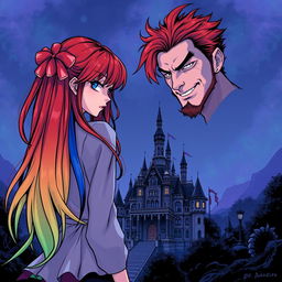 A striking manga-style illustration featuring a girl named Raimbelle with long hair consisting of the seven colors of the rainbow and sapphire blue eyes