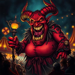 A striking illustration of an evil carnival boss depicted as a large, grotesque demon with an exaggeratedly fat physique