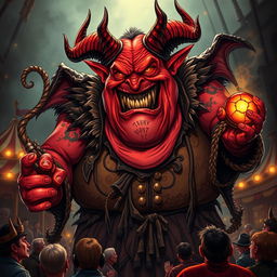 A striking illustration of an evil carnival boss depicted as a large, grotesque demon with an exaggeratedly fat physique