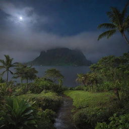 Depict a serene image of Isla Nublar after a storm, the lush landscape glistening under the slowly emerging moonlight, with fine mist rising from the vegetation and brightly lit Visitor Center visible in the distance.