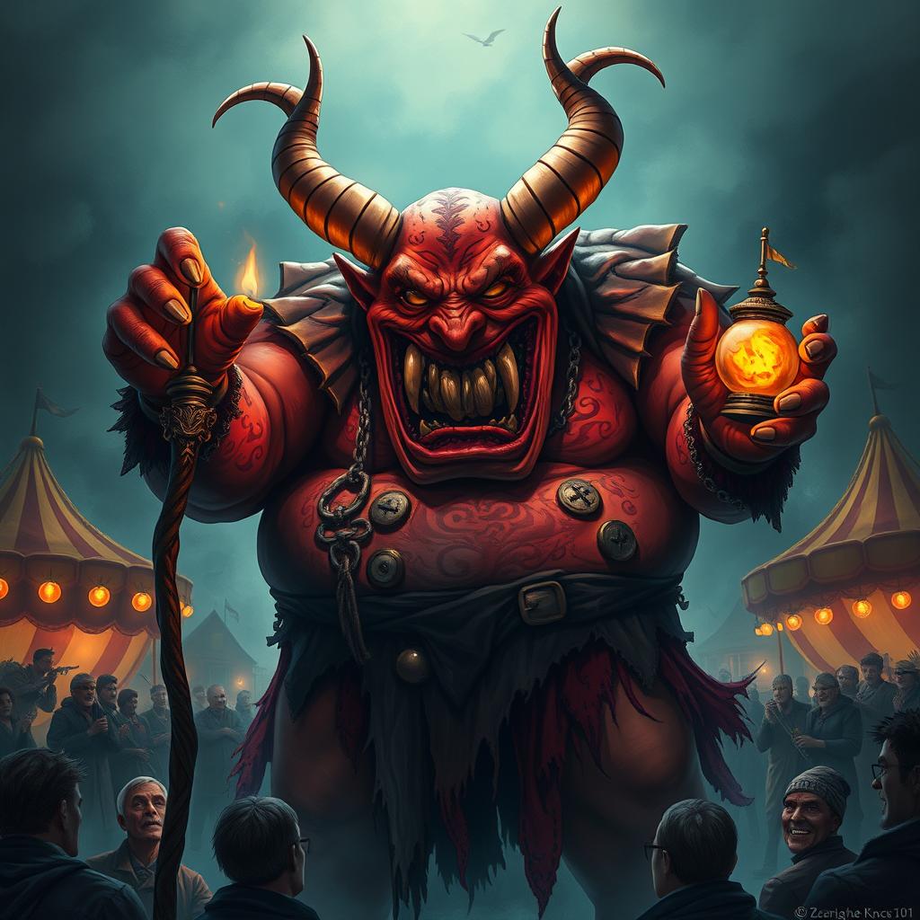 A striking illustration of an evil carnival boss depicted as a large, grotesque demon with an exaggeratedly fat physique