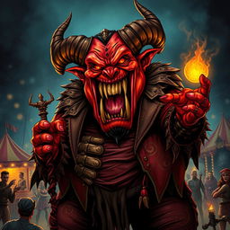 A striking illustration of an evil carnival boss depicted as a large, grotesque demon with an exaggeratedly fat physique