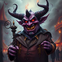 A captivating depiction of a carnival boss represented as a large, imposing demon with a rotund figure