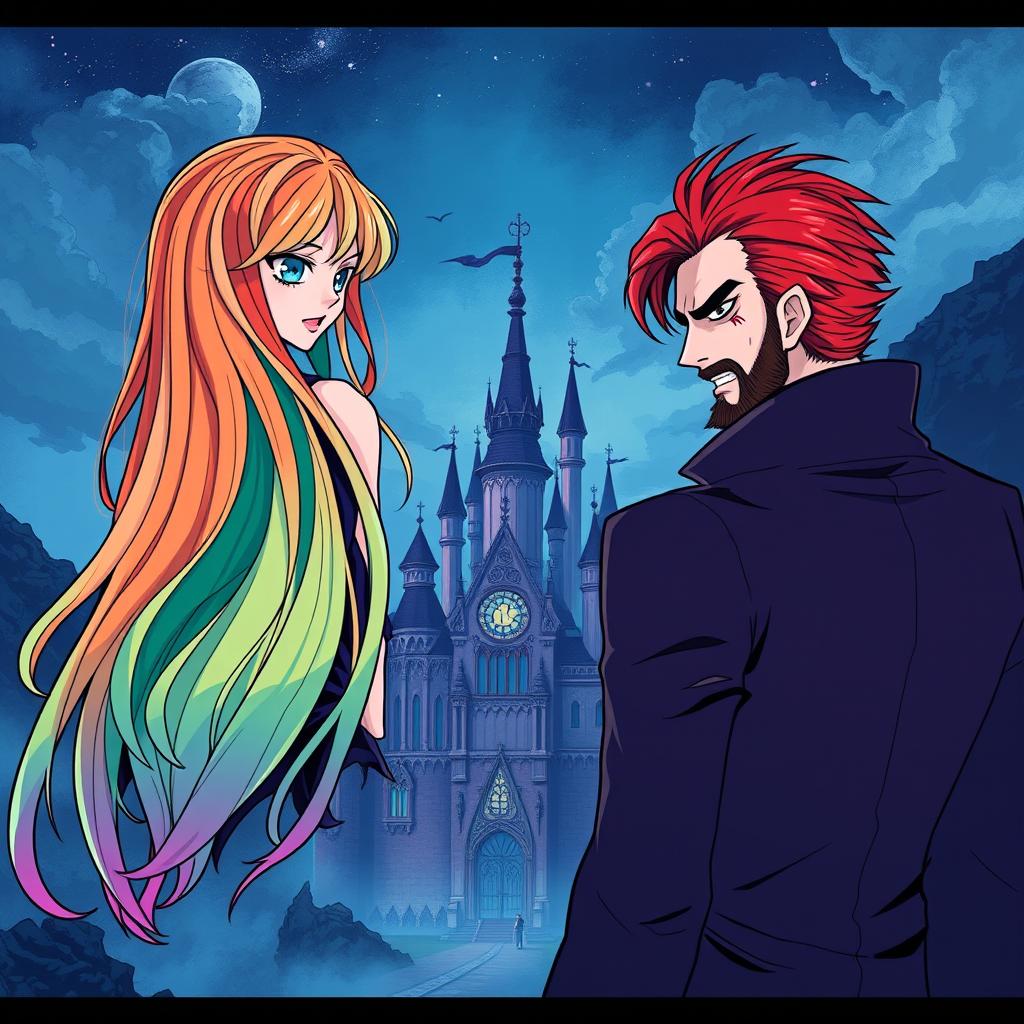 An enchanting manga-style illustration featuring a girl named Raimbelle, with long hair showcasing the seven colors of the rainbow and sapphire blue eyes