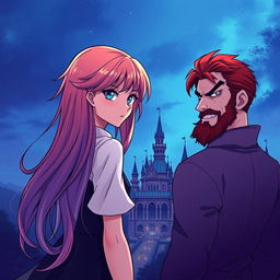 An enchanting manga-style illustration featuring a girl named Raimbelle, with long hair showcasing the seven colors of the rainbow and sapphire blue eyes