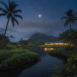 Depict a serene image of Isla Nublar after a storm, the lush landscape glistening under the slowly emerging moonlight, with fine mist rising from the vegetation and brightly lit Visitor Center visible in the distance.