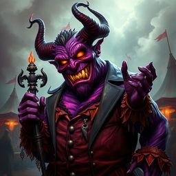A captivating depiction of a carnival boss represented as a large, imposing demon with a rotund figure