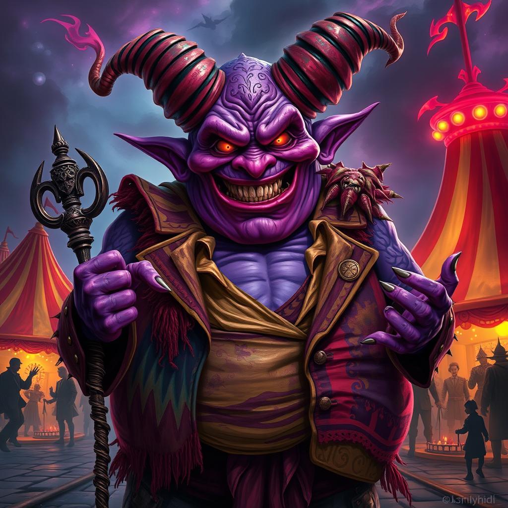 A captivating depiction of a carnival boss represented as a large, imposing demon with a rotund figure