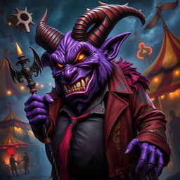 A captivating depiction of a carnival boss represented as a large, imposing demon with a rotund figure