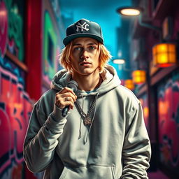 A realistic image of a 25-year-old male rap singer with blonde hair, exuding charisma and style