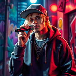 A realistic image of a 25-year-old male rap singer with blonde hair, exuding charisma and style