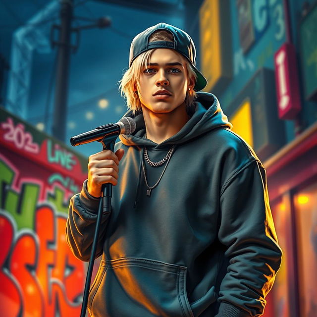 A realistic image of a 25-year-old male rap singer with blonde hair, exuding charisma and style