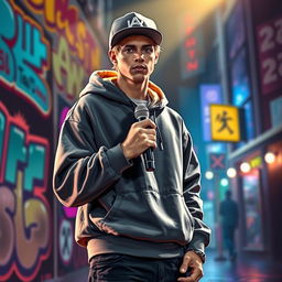 A realistic image of a 25-year-old male rap singer with blonde hair, exuding charisma and style