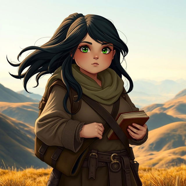 A chubby female Dunedain wanderer, radiating a sense of adventure and knowledge