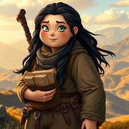 A chubby female Dunedain wanderer, radiating a sense of adventure and knowledge