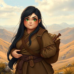 A chubby female Dunedain wanderer, radiating a sense of adventure and knowledge