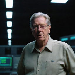 Generate an image of John Hammond entering the dark, eerie silence of the control room, his astonished face lit by the weak glow of the emergency lights as he discovers the shutdown state of the computer systems.