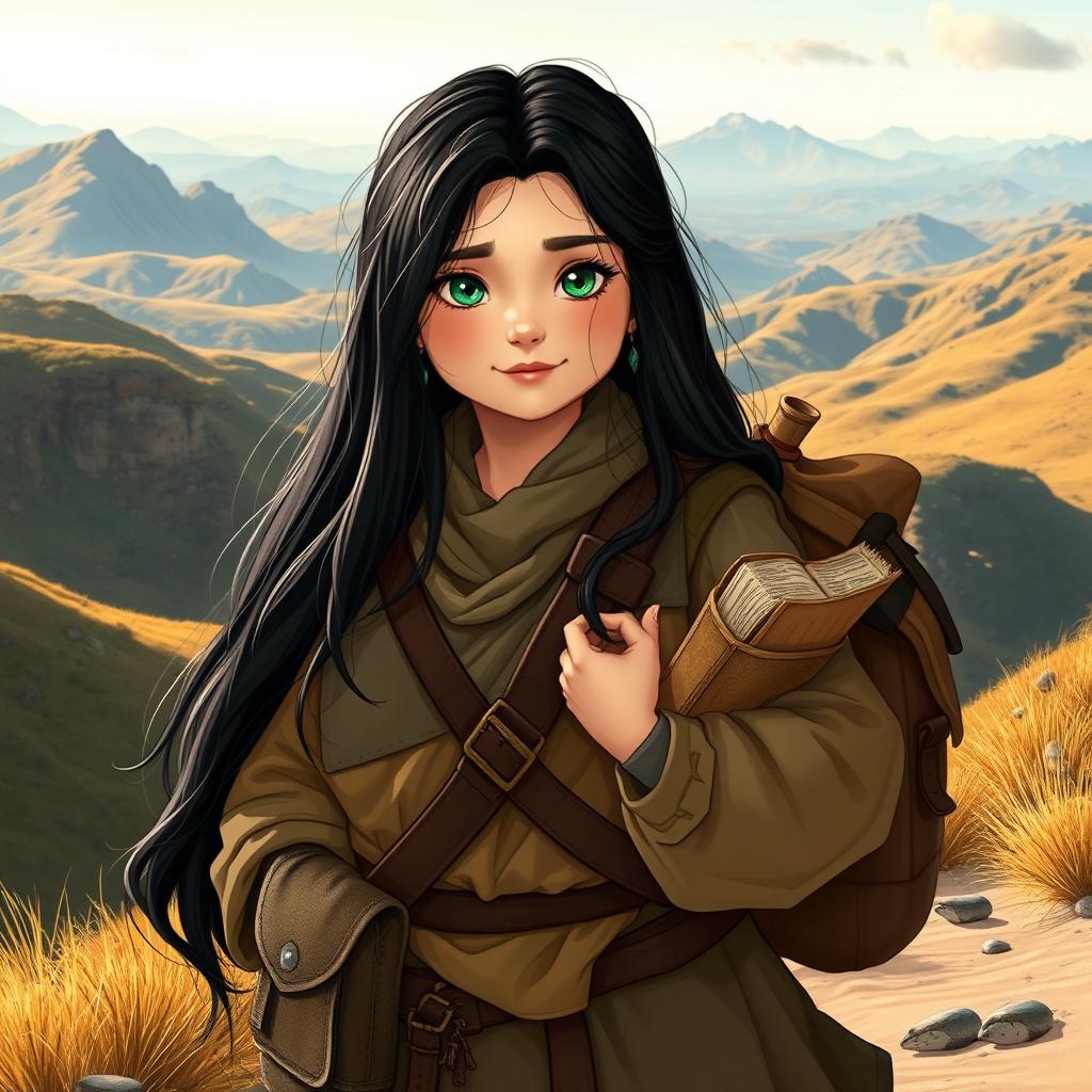 A chubby female Dunedain wanderer, radiating a sense of adventure and knowledge