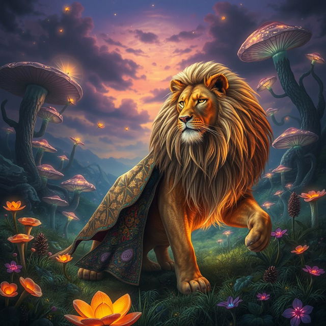 A captivating scene in the enchanting Feywilds featuring a charismatic lion tamer dressed in vibrant, flowing clothing adorned with intricate patterns