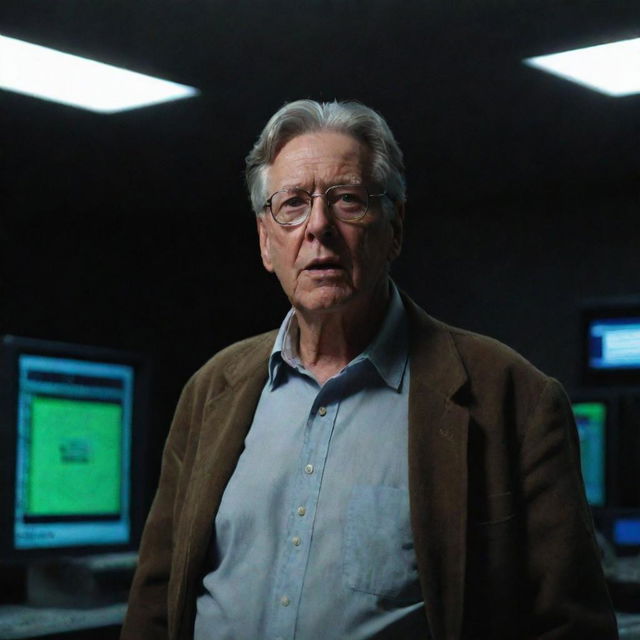 Generate an image of John Hammond entering the dark, eerie silence of the control room, his astonished face lit by the weak glow of the emergency lights as he discovers the shutdown state of the computer systems.