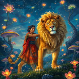 A captivating scene in the enchanting Feywilds featuring a charismatic lion tamer dressed in vibrant, flowing clothing adorned with intricate patterns