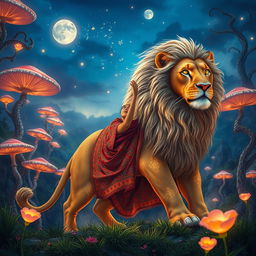 A captivating scene in the enchanting Feywilds featuring a charismatic lion tamer dressed in vibrant, flowing clothing adorned with intricate patterns