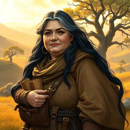 An older, chubby female Dunedain wanderer, embodying wisdom and adventure