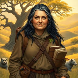 An older, chubby female Dunedain wanderer, embodying wisdom and adventure