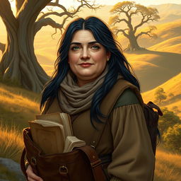 An older, chubby female Dunedain wanderer, embodying wisdom and adventure