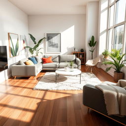 A beautifully designed interior space showcasing a modern living room with a minimalist aesthetic