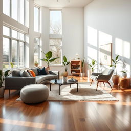 A beautifully designed interior space showcasing a modern living room with a minimalist aesthetic
