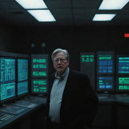 Generate an image of John Hammond entering the dark, eerie silence of the control room, his astonished face lit by the weak glow of the emergency lights as he discovers the shutdown state of the computer systems.