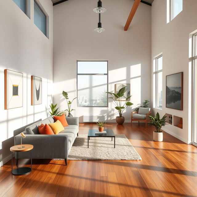 A beautifully designed interior space showcasing a modern living room with a minimalist aesthetic