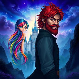 Raimbelle, a girl with long, flowing hair featuring the seven colors of the rainbow, stands with her back to the viewer, casting a piercing glare over her shoulder